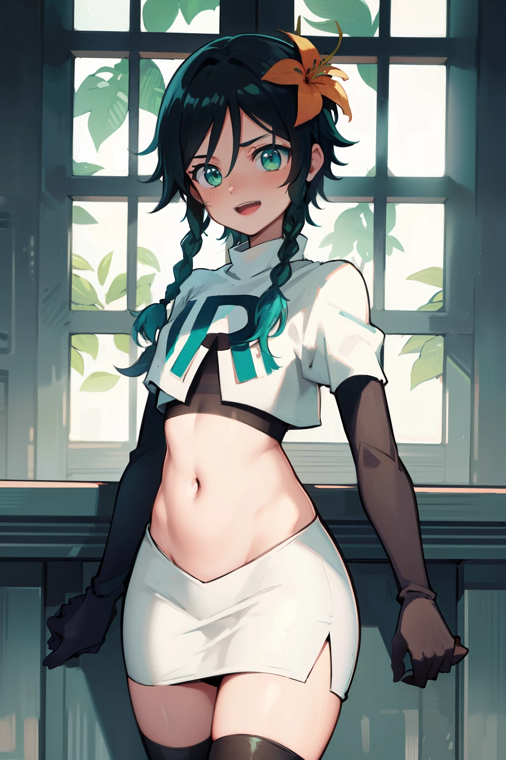 absurdres,venti,1boy, male focus, trap,black hair, green-blue hair, hair braid,hair flower,aqua green eyes,crossdressing,1boy,team rocket,team rocket uniform,white skirt,red letter R,crop top,black thigh-highs,black elbow gloves, cowboy shot,laughing,happy, blush