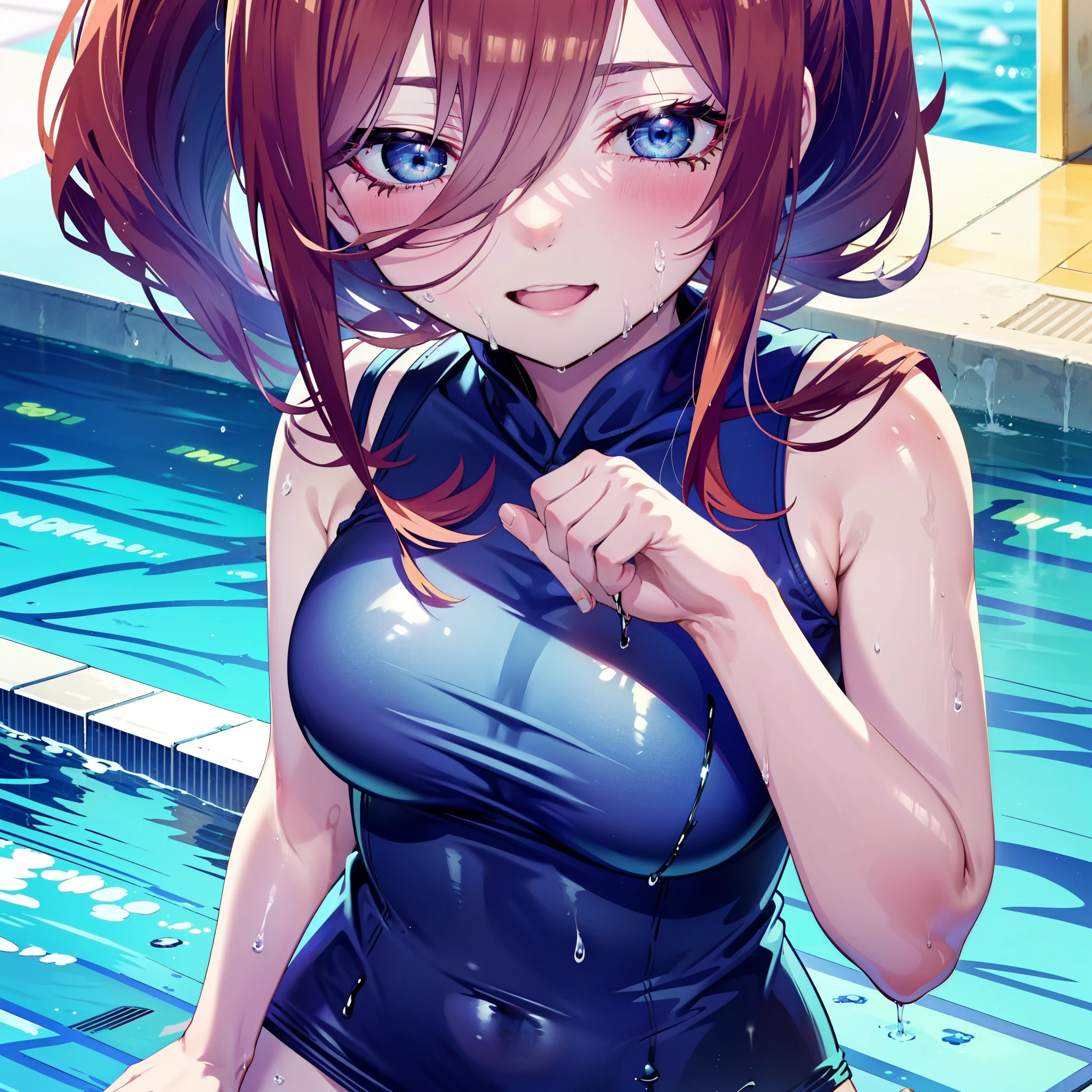 Mikunakano, Miku Nakano, Long Hair, bangs, blue eyes, Brown Hair, shirt, Hair between the eyes,ponytail, smile, happy smile, smile, Open your mouth,Big Breasts,smile,Wet swimsuit,Wet Hair,Wet Skin,whole bodyがイラストに入るように,School Swimsuit,School Swimsuitを着た群衆,student,Clear skies,Daytime,
break outdoors ,School,Outdoor swimming pool,
break looking at viewer, whole body,(Cowboy Shot:1. 5) ,
break (masterpiece:1.2), highest quality, High resolution, unity 8k wallpaper, (shape:0.8), (Beautiful details:1.6), Highly detailed face, Perfect lighting, Highly detailed CG, (Perfect hands, Perfect Anatomy),