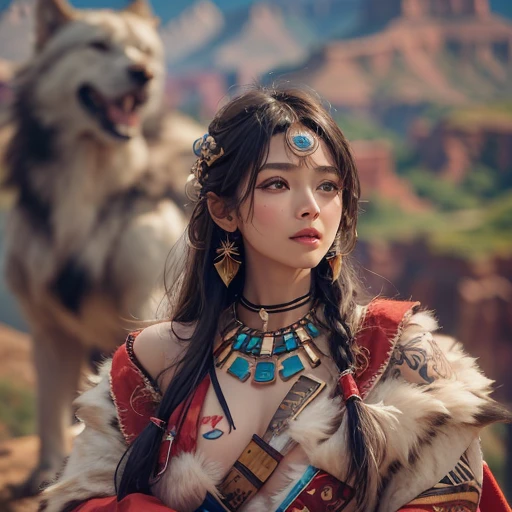 (grainy:0.5), cinematic, beautiful girl 2,native american,fantasy,(solo:1.3), detailed eyes, detailed face, detailed native american clothing , volumetric lighting, dusk, extremely detailed background, standing next to tree and mountain, smiling, half closed eyes, tilted head, from side, sitting next to her lion