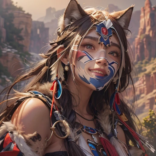 At the Grand Canyon、Hair flow、 ((highest quality、masterpiece、8k、Best image quality、Ultra-high resolution、Award-winning works)、(Accurate anatomy:1.1)、(Look at me and smile:1.1)、Shining fair skin with Ultra-high resolution、The most detailed face、Ultra-high resolution detailed face、Ultra-high resolutionの髪の毛、(Ultra-high resolutionの煌めく瞳:1.1)、Beautiful face drawn in every detail、(Blurred Background:1.1)、Native American Costume, American Indian Clothing, Chest to chest, tattoo、A real giant condor next to you。The wolf is watching