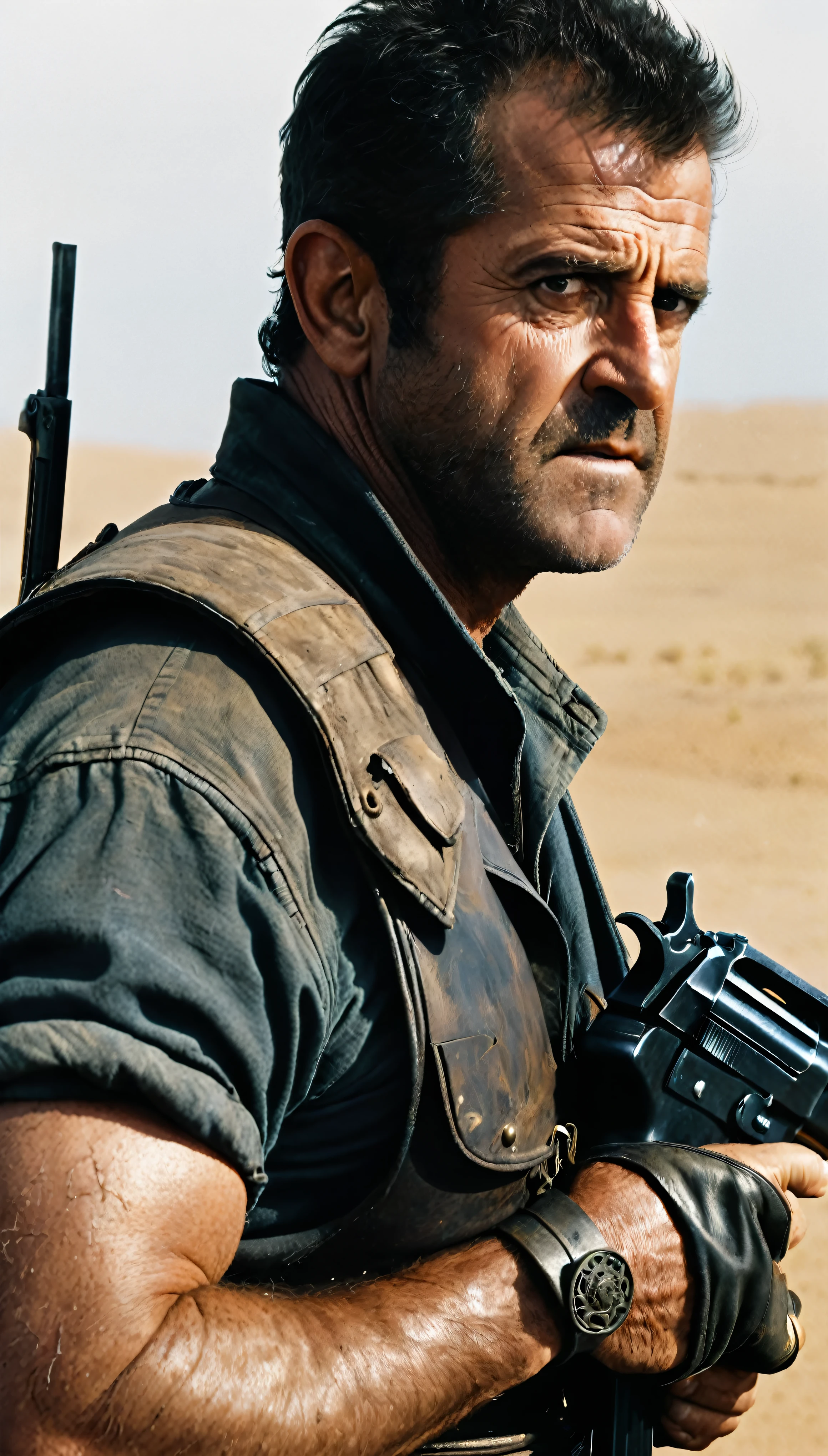 『Mad Max 2』In high definition video、As Max Rockatansky, the ruggedly handsome Mel Gibson dominates the frame with stoic intensity.、A fascinating scene from the movie unfolds。Armed with a menacing shotgun, he、Sulking in front of my weather-beaten car、The barrel of the weapon is pointed resolutely at an unseen enemy.。The contrast between the desolate wasteland and the muzzle flash of the gun、highlights the harshness of the post-apocalyptic world he inhabits、Creates a stark and dramatic tableau。Mel Gibson&#39;s face details，