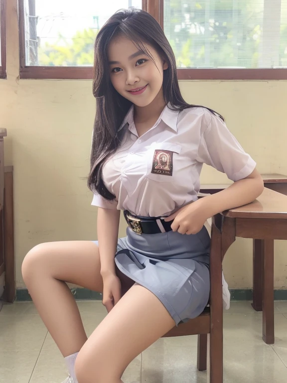 ((Best quality, Masterpiece, 8K)), Indonesian girl. Wear Indonesian high . White shirt, gray skirt. Black belt. Beauty, half layered hair. Big breast. Sitting on the table of classroom, flirty pose. Open legs apart. Smile. Full body. View on camera
