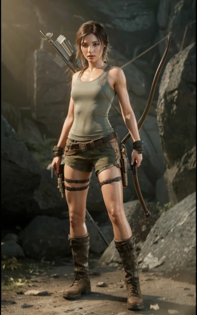 Lara Croft, brown eyes, (best quality, ultra-detailed), (realistic:1.37), beautiful and detailed face, ultra-realistic texture, delicate face, delicate body, red lipstick, bright colors. High definition, 8K