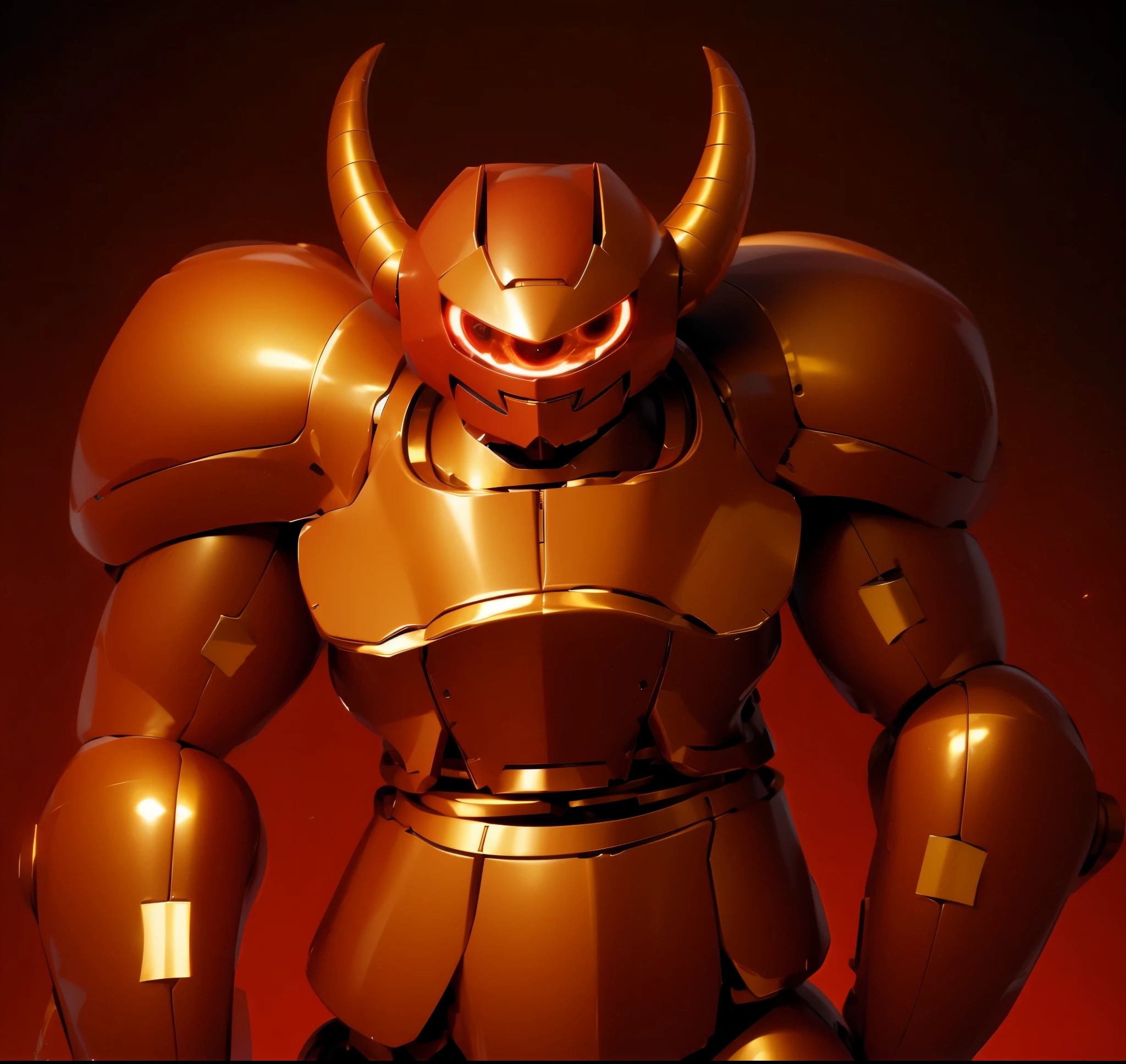Robot, red mono eye, red body, high quality, golden horns on head, heavily armored,
