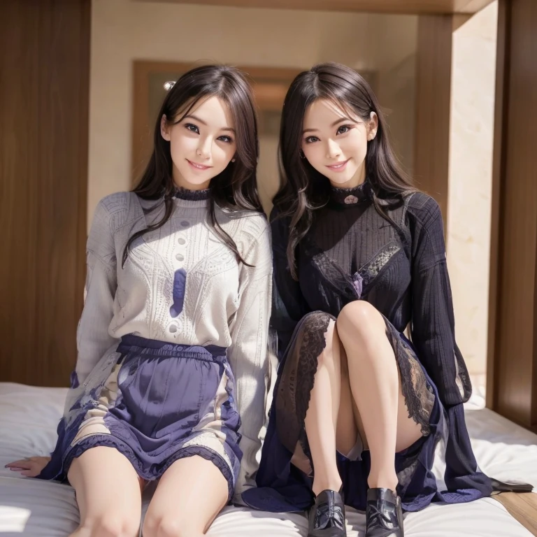 beautiful detailed eyes, beautiful detailed lips, extremely detailed eyes and face, longeyelashes, 2 girls, twin girls, wearing pantyhose, realistic pantyhose, wearing white panty, slender line, wearing oversized long sleeve dress, thighs, 24 year old female, height: 160cm, detailed background, outdoor, brake, 1 person has blown hair, another 1 has sky blue hair, best quality, 4k, 8k, highres, masterpiece:1.2, ultra-detailed, realistic, photorealistic, photo-realistic:1.37, HDR, UHD, studio lighting, ultra-fine painting, sharp focus, physically-based rendering, extreme detail description, professional, vivid colors, bokeh