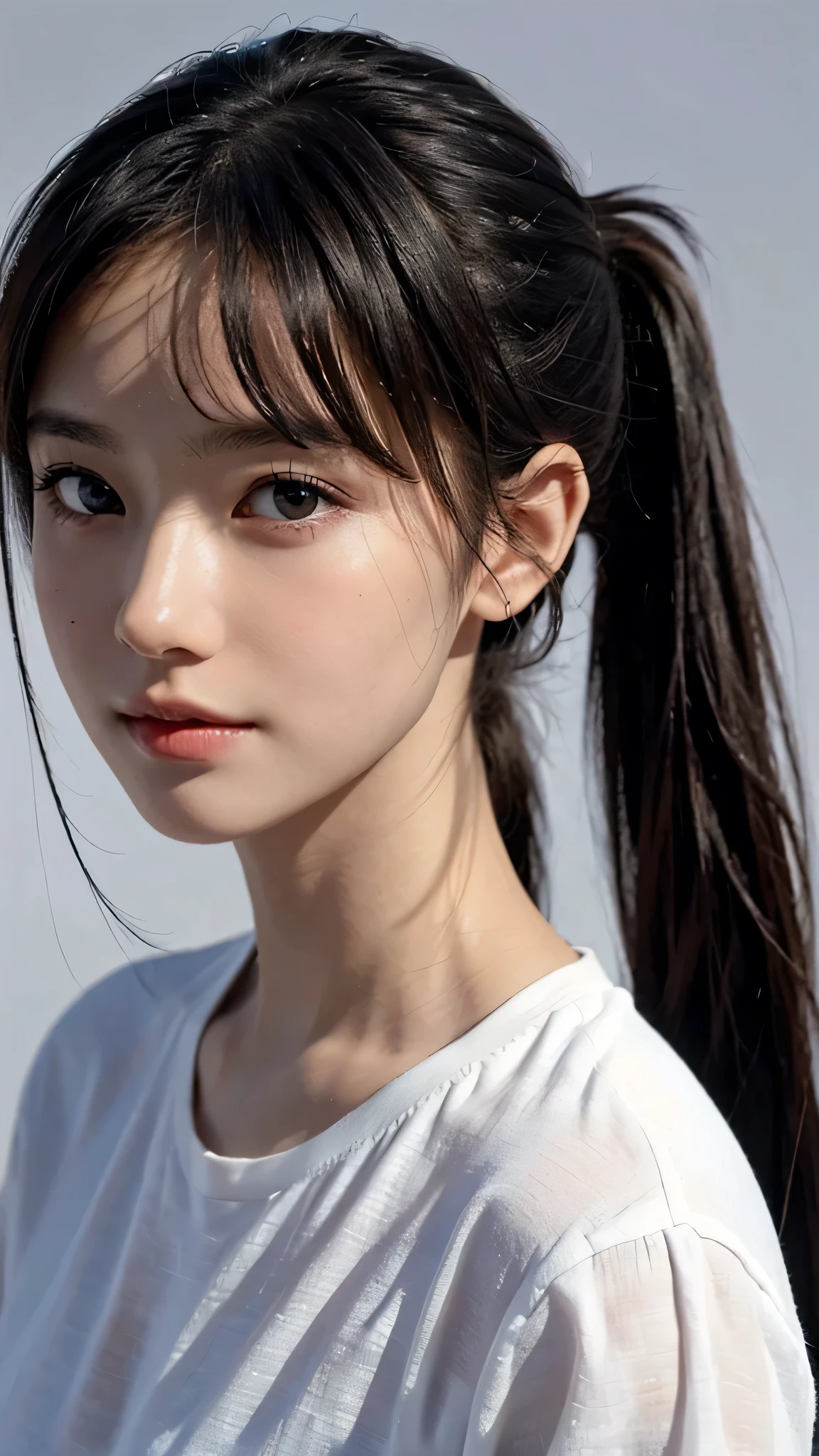 Black underwear shows through the white T-shirt,summer,One woman,close up face,fully body photo,masutepiece, The highest image quality, High quality, the background is clear,Beautiful woman, Japanese, Detailed, Detailed eyes, Detailed skin, Beautiful skin, 超hight resolution, (reality: 1.4),Very beautiful woman, Slightly younger face, Beautiful skin, slender, (Ultra photo realsisim), (hight resolution), (8K), (Very detailed) (beautifully detailed eyes), (super detailed), (Detailed face), view the viewer, Fine details, Detailed face, Staring straight ahead, Staring straight ahead, photos realistic, Bright lighting, Professional Lighting, Black hair,poneyTail,a baby face,sixteen years old,Hairstyle: ponytail,Long ponytail hairstyle,slight smile,