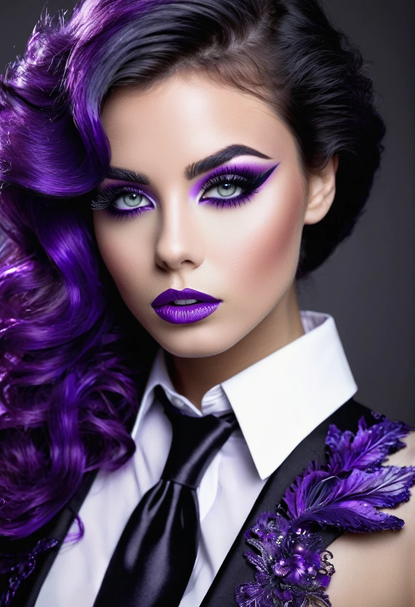 Very sexy girl, Detailed lips, detailed eyes, detailed eyelash, detailed face, cheveux violet, visage de séduction, ((violet make-up)), photo du milieu du corps, ((porter un costume)),(( Une cravate violette, photo noir et blanc et violet, only black and white and purple photo)), (((photo noir et blanc et violet, only black and white and purple photo, purple only on iris and make-up and hair)))