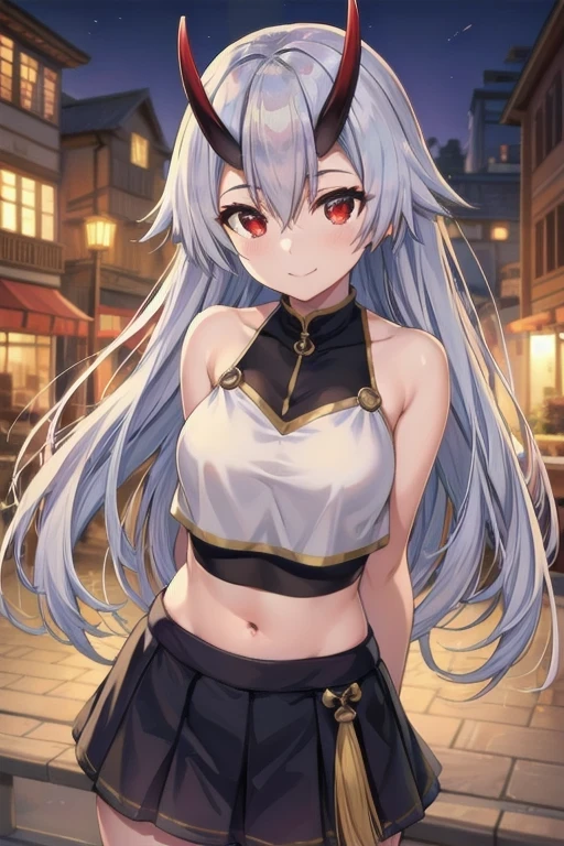 Masterpiece, best quality, tomoe gozen, torino style, 1person, red eyes, cute smile, looking at viewer,hair between eyes, silver hair, oni horns, hands behind back, short skirt, crop top