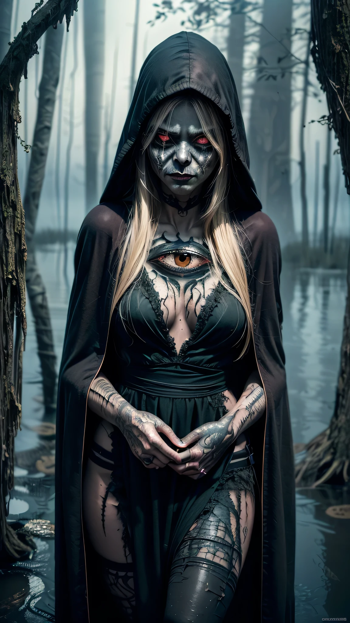 ((best quality: 1.5)) ((masterpiece)), intricate details, sharp focus, professional, real life, realistic representation of the face, dynamic pose, in the style of realistic and hyper detailed renderings BREAK ((detailed (((terrifying old swamp hag, blackout eye makeup:1.4, tattoo:1.4), maroon gold robe cloak, heavy velvet dress)), [black hair:purple hair:0.8], messy frizzy hair, [flat chest:medium breasts:0.8], night, dim lighting, firelight, looking away, black lipstick, professional lighting, photon mapping, radiosity, physically based rendering, ultra resolution, hyper-realistic)), photorealistic, hyper-realistic, 8K
