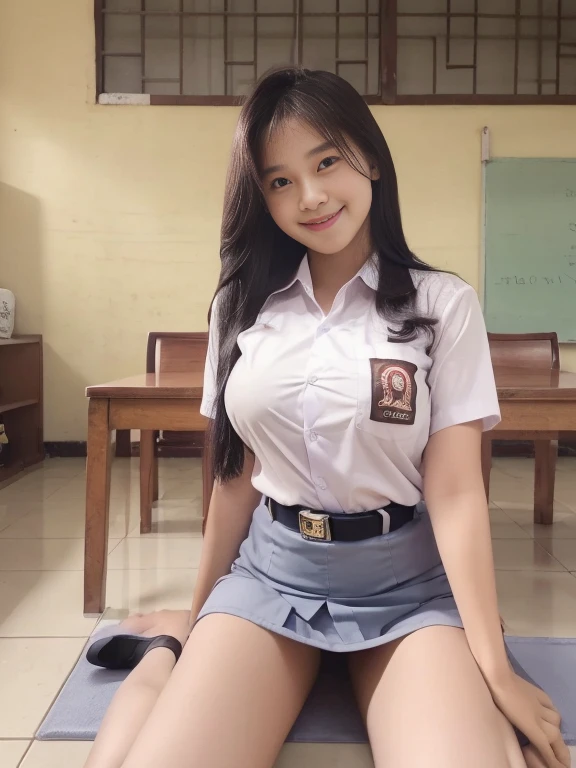 ((Best quality, Masterpiece, 8K)),  Indonesian girl. Wear Indonesian high . White shirt, gray skirt. Black belt. Beauty,  half layered hair. Big breast. Sitting on the table of classroom, flirty pose. Open legs apart. Smile. Full body. View on camera, visible panty, white panty