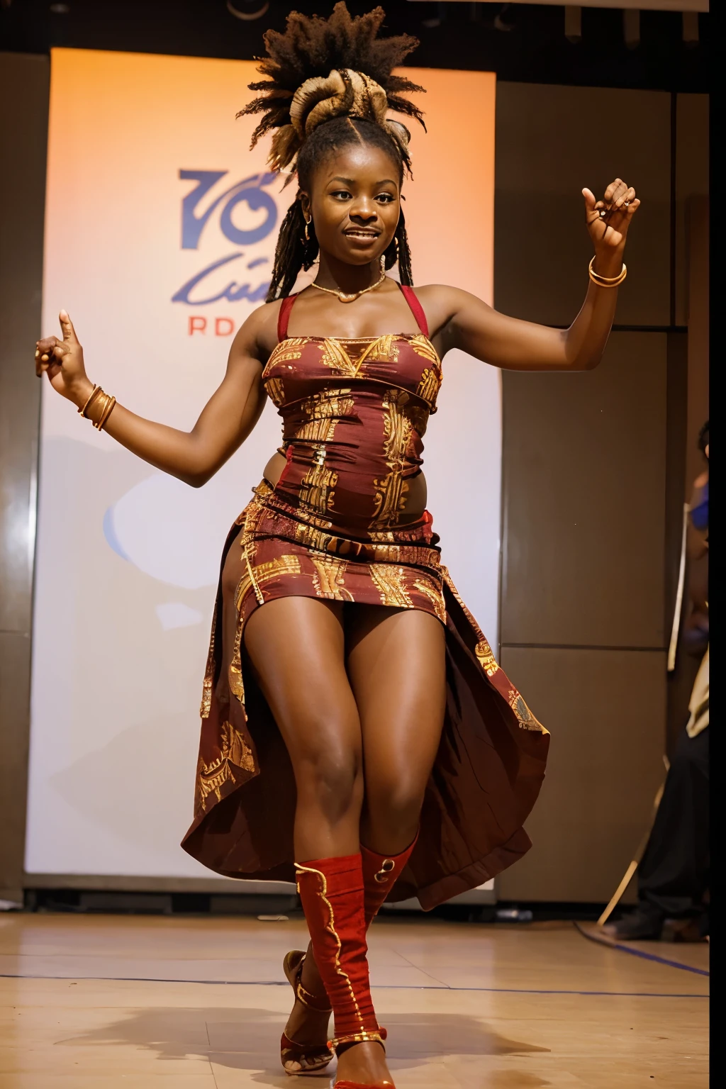 Generate a digital image of a 20 years old igbo tribe girl from nigeria dancing wearing gown and dancing with a prince