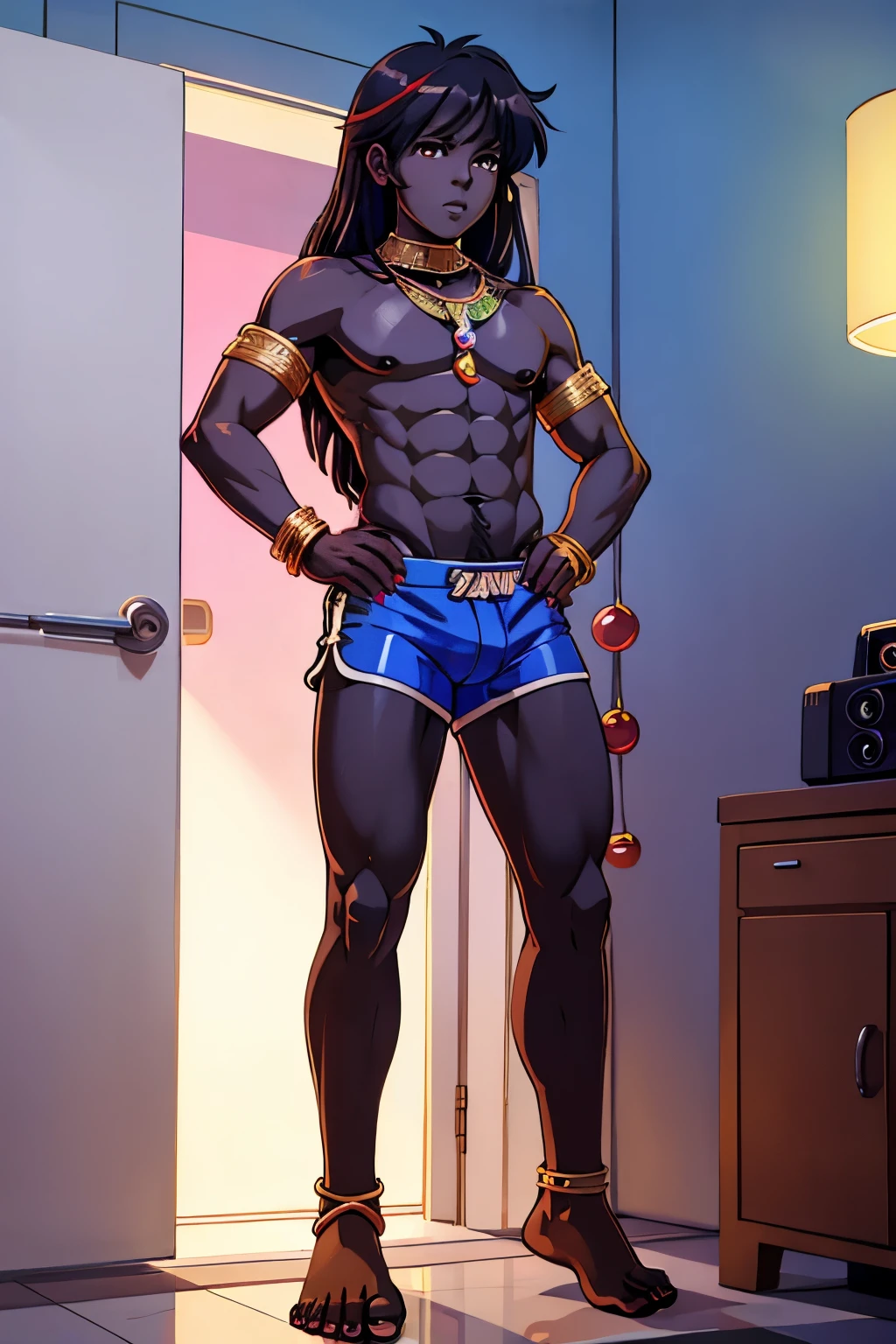 Toned African femboy, male, human, with dark skin, strong but femenine, lean composition, very long black messy untamed hair, shorts, topless, barefoot, slutty clothing, 1980s, Eighties, anime, hooker, jewellery, adult, Miami