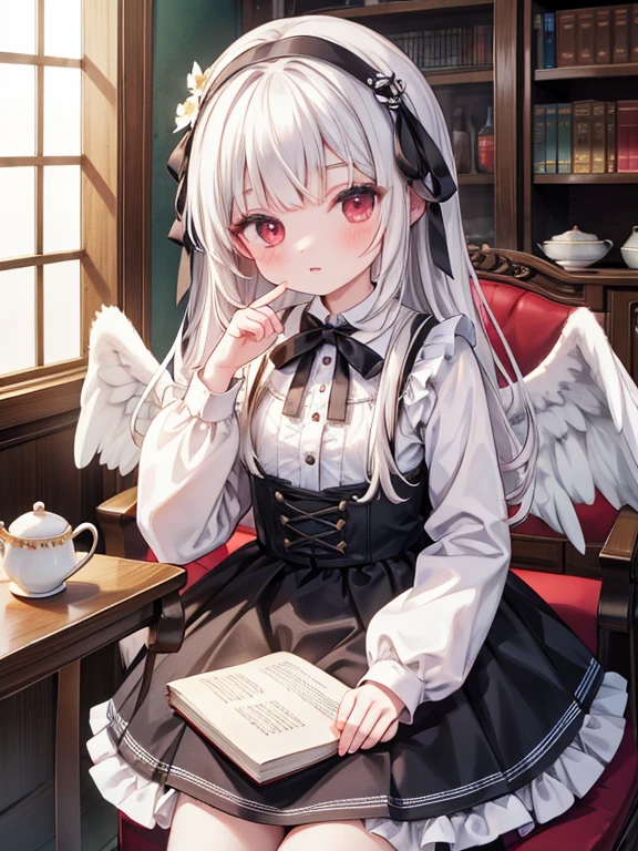 masterpiece, highest quality, Very detailed, 16k, Ultra-high resolution, Cowboy Shot, Detailed face, Perfect Fingers, 14-year-old girl, Luxurious Western-style building, Bookshelf, Table seating, Chair, Tea making facilities, I read a book, sui1, suigintou, red eyes, long hair, gothic dress, white hair, flower hair ornament, long sleeves, gothic hairband, ribbon, black dress, black wings