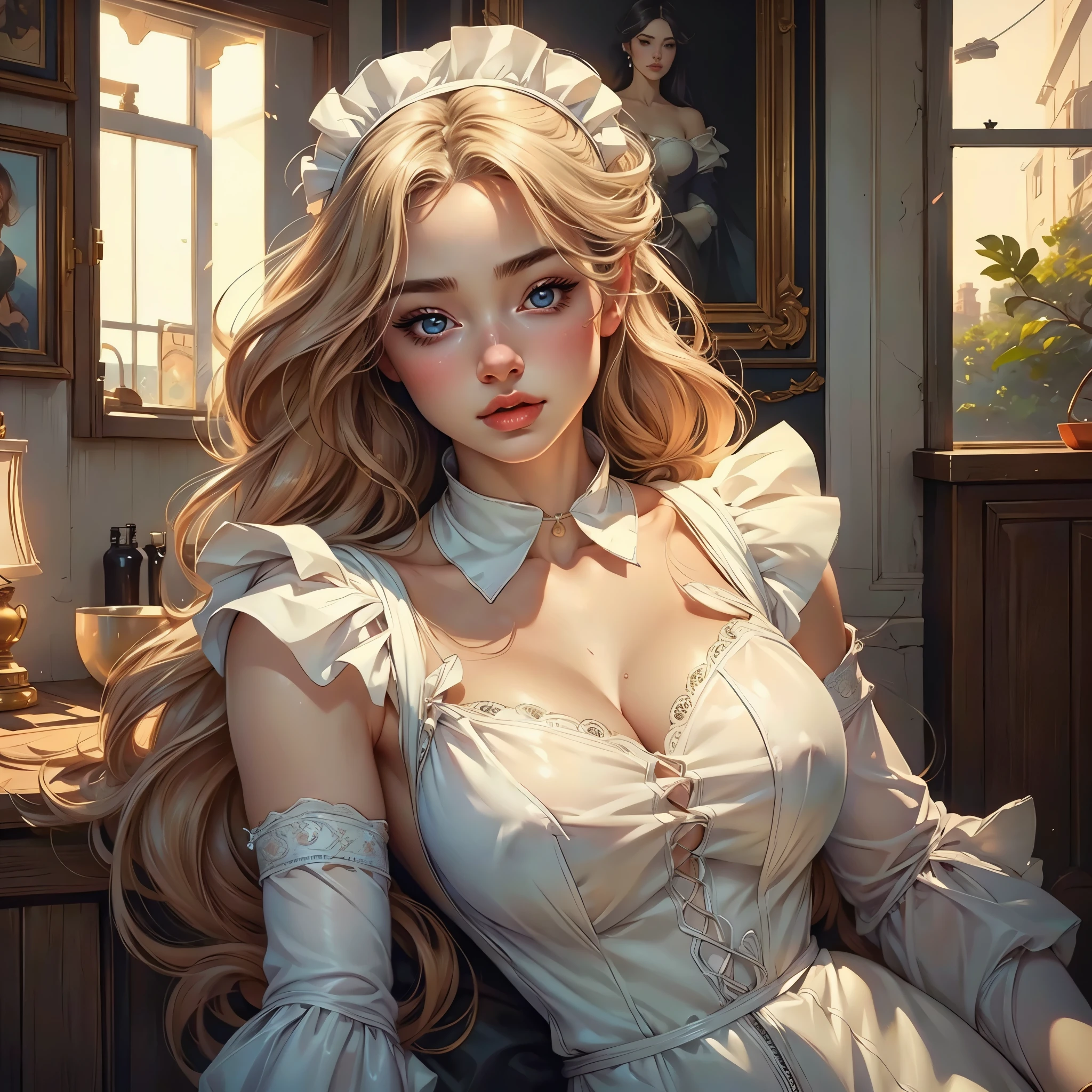Beautiful girl in a semi-transparent maid outfit、Very beautiful girl、Classy maid、Delicate facial features、gorgeous eyes、Long eyelashes、Small Nose、Thick lips、White skin、long flowing hair、Graceful pose、Cinematic lighting、Soft pastel colors、Graceful and calm、(highest quality、4k、8k、High resolution、masterpiece:1.2)、Super detailed、(Real、Photorealistic、Photorealistic:1.37)