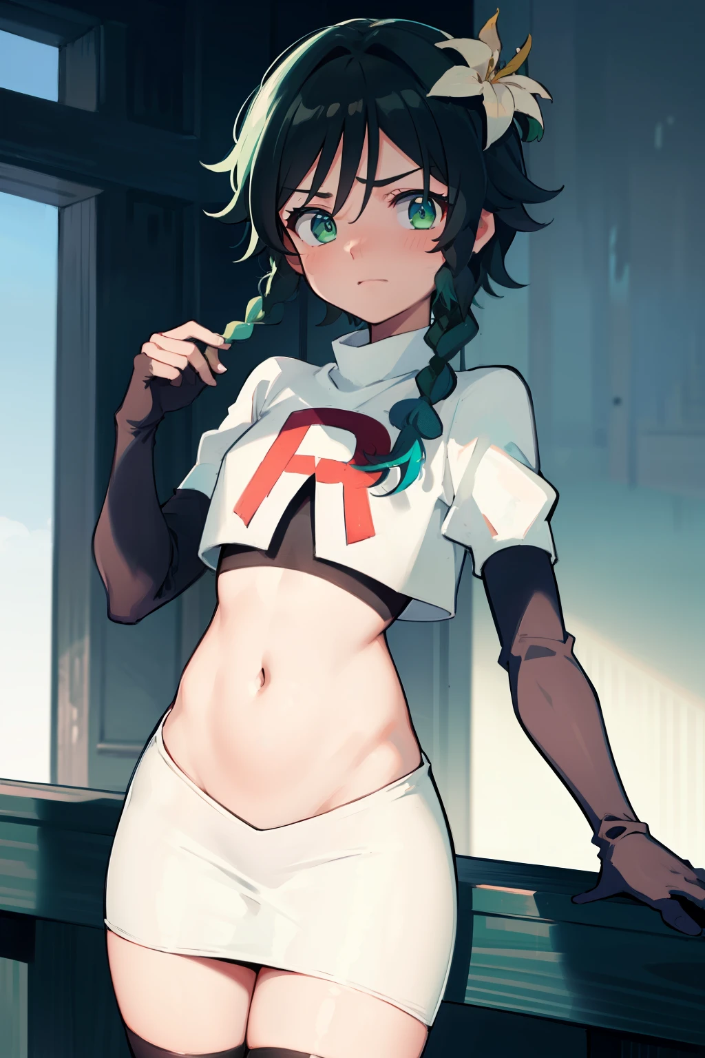 absurdres,venti,1boy, male focus, trap,black hair, green-blue hair, hair braid,hair flower,aqua green eyes,crossdressing,1boy,team rocket,team rocket uniform,white skirt,red letter R,crop top,black thigh-highs,black elbow gloves, cowboy shot,embarrassed, blush