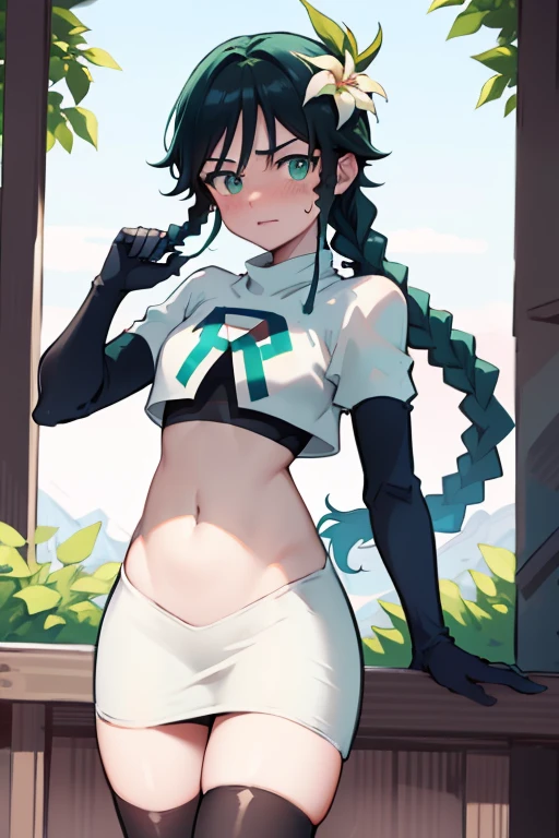 absurdres,venti,1boy, male focus, trap,black hair, green-blue hair, hair braid,hair flower,aqua green eyes,crossdressing,1boy,team rocket,team rocket uniform,white skirt,red letter R,crop top,black thigh-highs,black elbow gloves, cowboy shot,embarrassed, blush