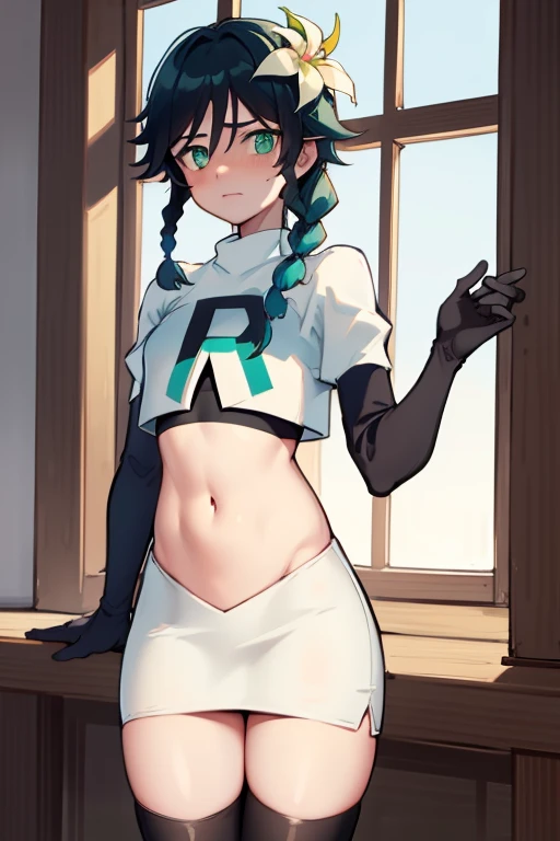 absurdres,venti,1boy, male focus, trap,black hair, green-blue hair, hair braid,hair flower,aqua green eyes,crossdressing,1boy,team rocket,team rocket uniform,white skirt,red letter R,crop top,black thigh-highs,black elbow gloves, cowboy shot,embarrassed, blush