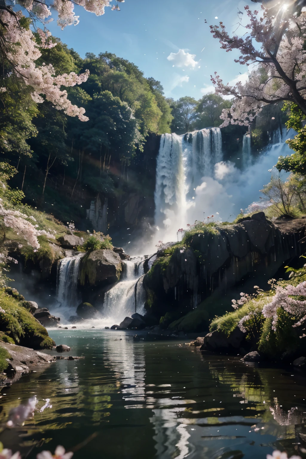 Chaotic rushing waterfall in a serene beautiful landscape, ray tracing, detailed reflections, difficult, high detail, dramatic, A masterpiece of the highest quality, Photorealistic, detailed, 8K, HDR, backlight, blossom, the light sparkles, the sky is lighter the trees are green