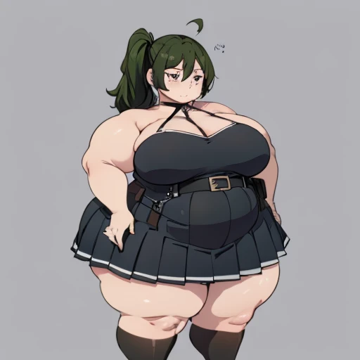 1girl, top heavy figure, (((incredibly big chest))), ((saggy chest)), plump, incredibly plump, ((big belly)), (((big tits))), wide, (((obese))), (((fat))), ((love handles)), double chin, out of shape, obese, fatty, shortstack, short woman, big bossom, ((milf)), small height, mature, standing, full body, bbw, ssbbw,  ubel, green hair, bangs,hair between eyes,side ponytail, black choker, sleeveless, black dress,sleeveless dress, halterneck,pleated skirt, black gloves,belt,black high heels