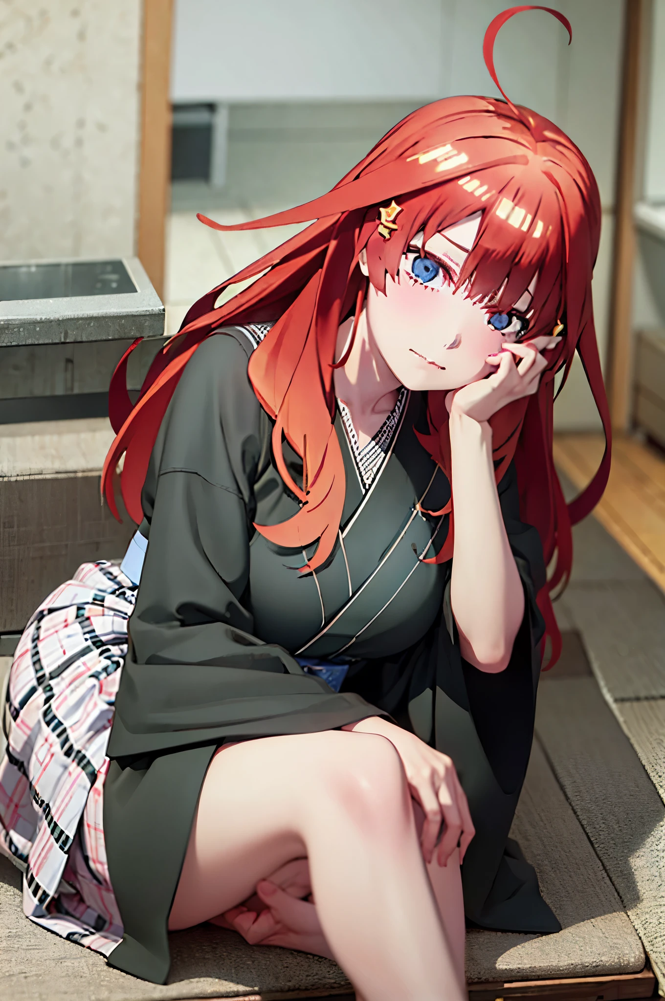 (Masterpiece, Best Quality:1.2), solo, 1girl, Itsuki  ,unamused, closed mouth, looking a viewer, hand on our face, sitting, Short black kimono ,big thighs,crossed legs