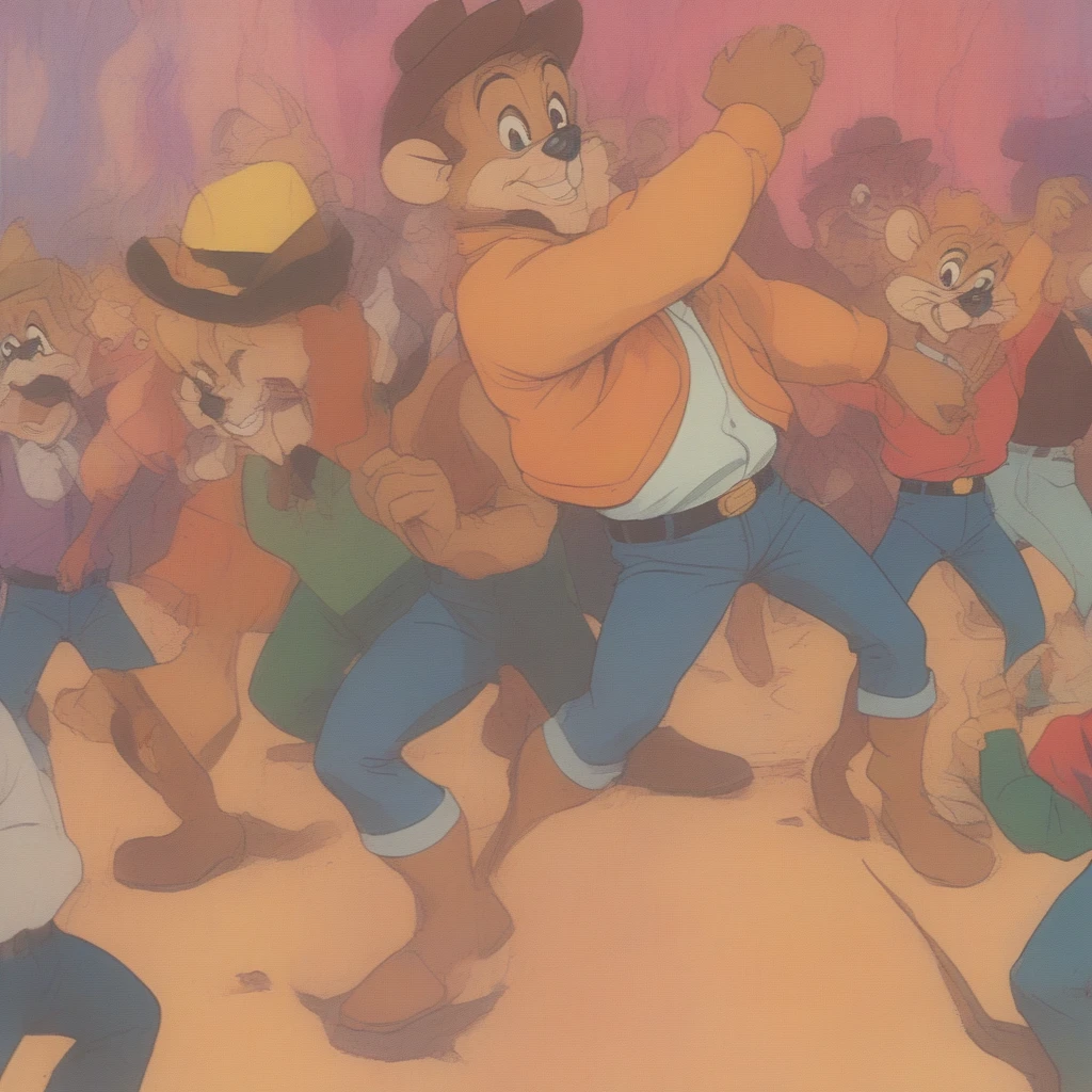 VHS, glitch, distorted, nostalgia, 90's retro vibes, analog tape, vcr aesthetics, tv, television, (Talespin 1990's cartoon homage), comic 1990's, animated tv show screengrab, Talespin cast dancing stanky boogie, cinematic poster, image within image, multiple exposure, massive scale, rich color grading for shading depth, hand drawn rotoscope cartoon realism, chiaroscuro lighting, mixed media, vintage comic, retro original design, 1990's comic, sense of movement energy, taking flight, tropical rot, rewilding, (full roygbiv color) ink charcoal expressive illustration, Talespin aesthetics
