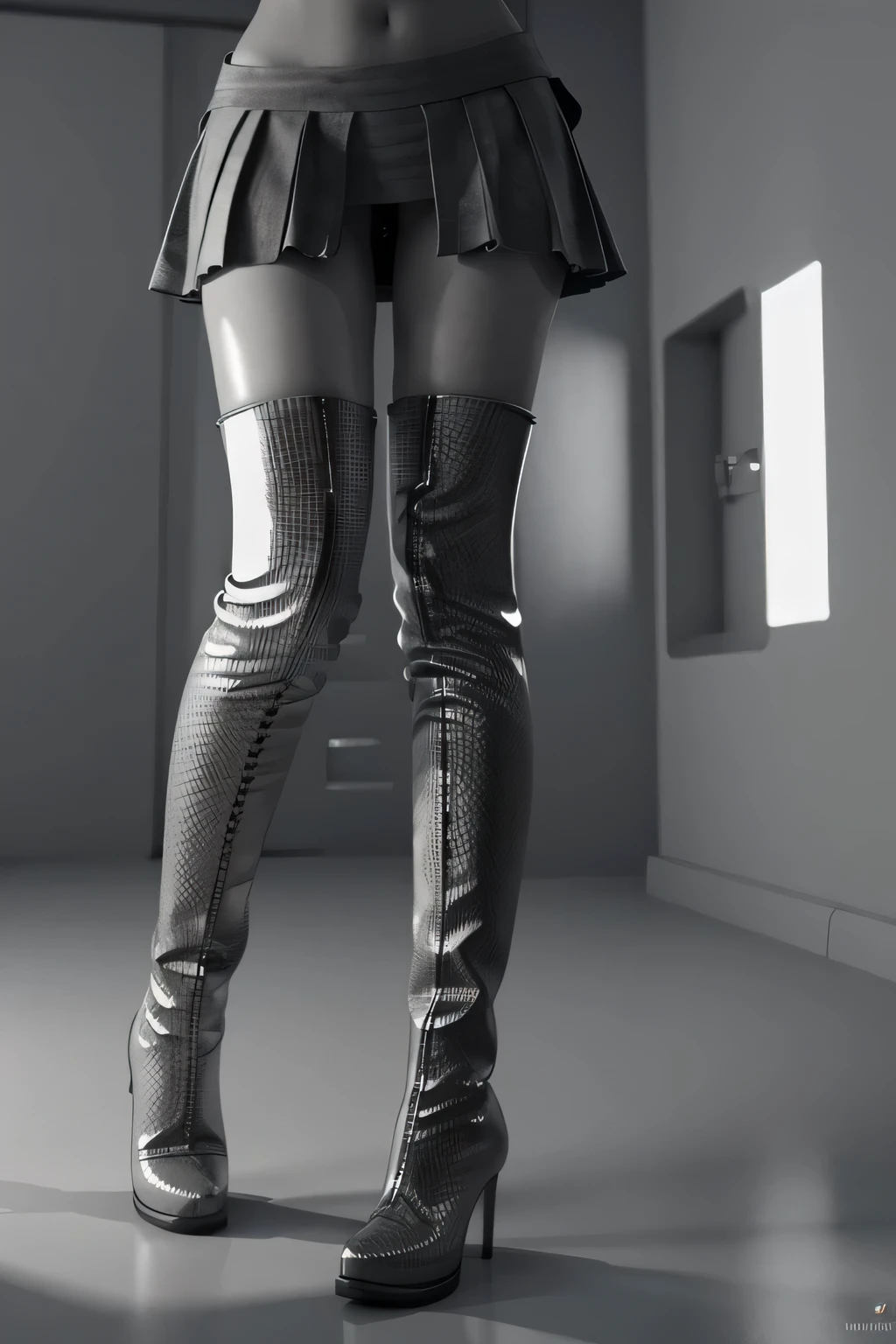 Detailed image, woman's transparent knee high boot, 3d render, vray, grayscale, 8k