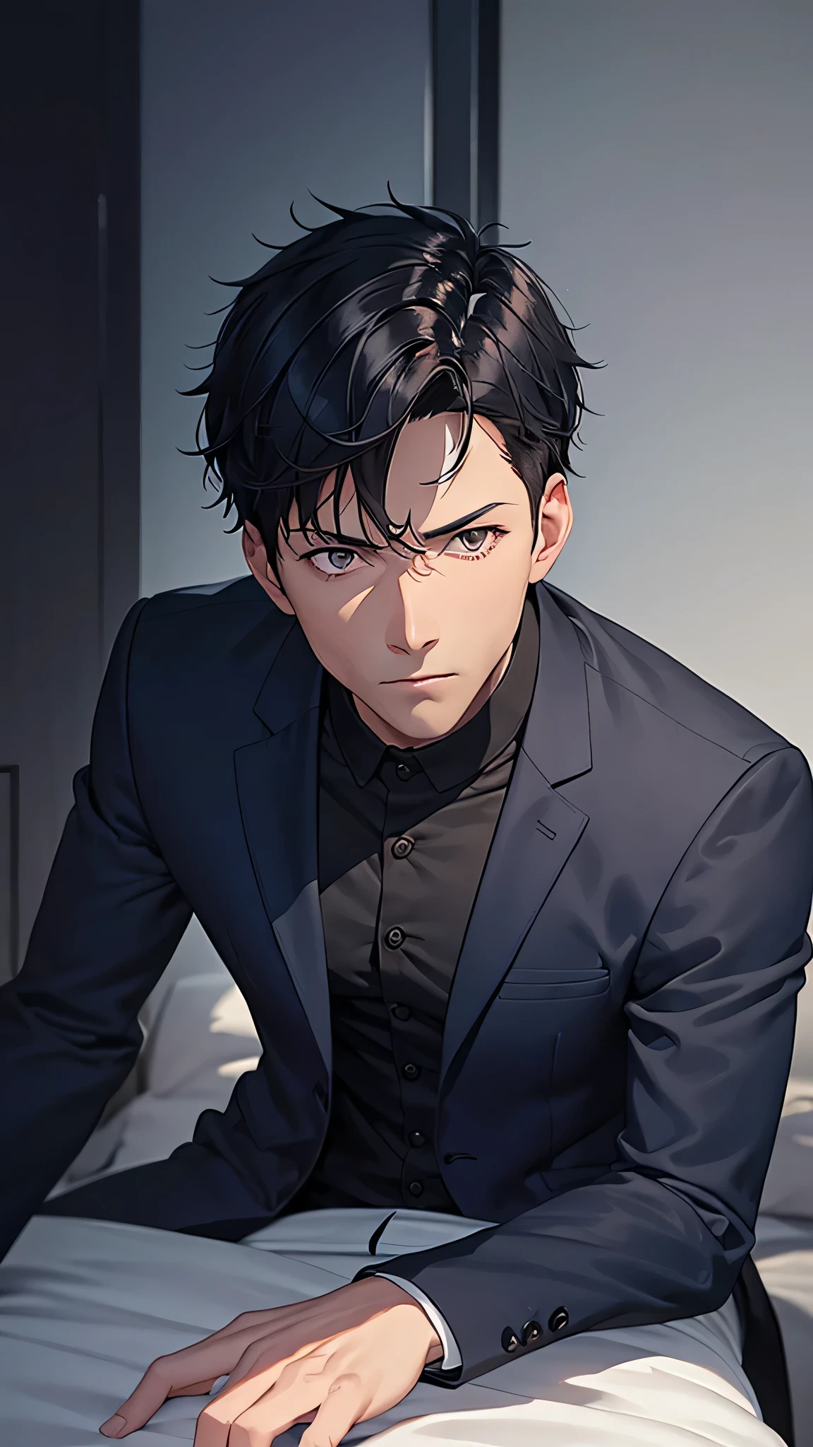 Male in his forties, black hair mixed with gray, short hair, swept back on left side, gray eyes, serious gaze, staring at the viewer, slim but muscular build, wearing a navy blue suit but jacket off, in a room, on a bed, evening, raining outside, looking at the viewer as if peering down from above, overall dark atmosphere, movie-like impression, high resolution,