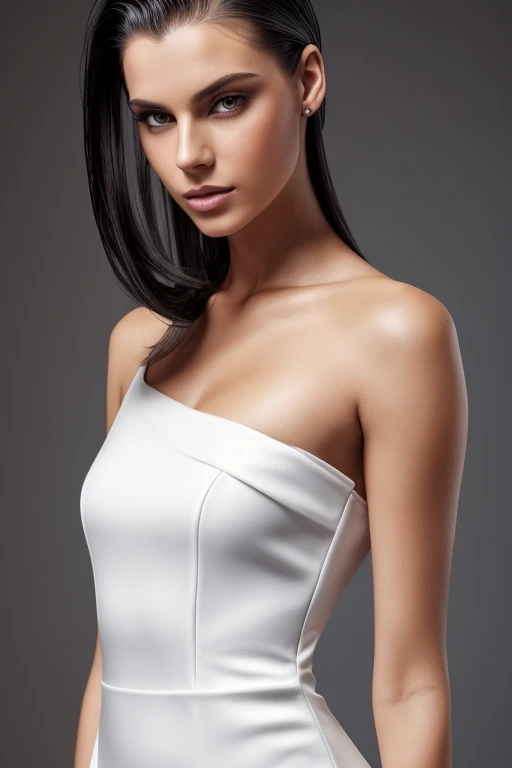 Gorgeous european woman with medium shoulder length hair, wet hair, hair slicked back, combed straight back, slick hair, black gradient hair, wearing a white dress, solid dark grey background
