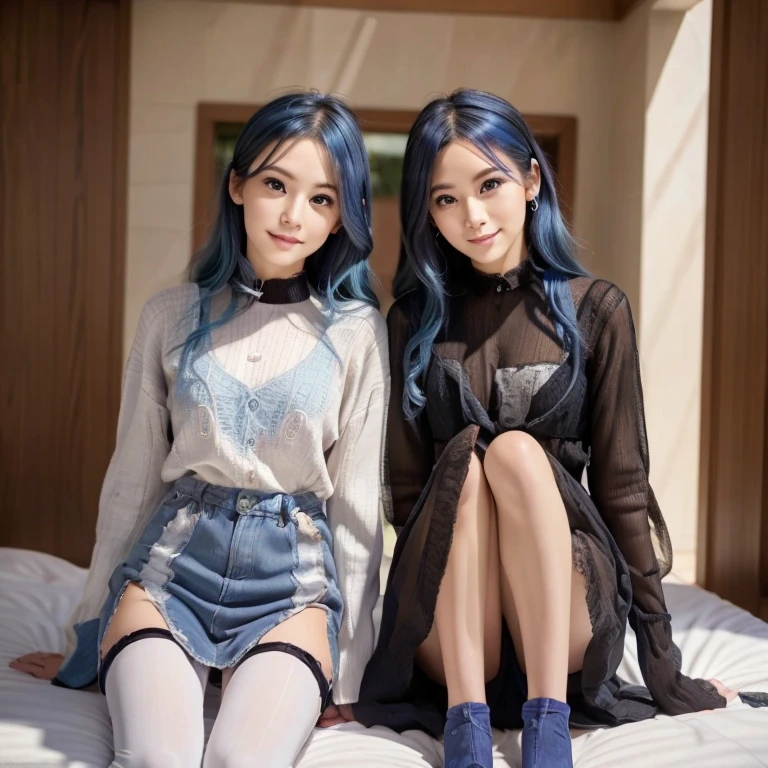 beautiful detailed eyes, 2 girls, twin girls, (1 person has sky blue hair:1.2), best quality, 4k, 8k, highres, masterpiece:1.2, ultra-detailed, realistic, photorealistic, photo-realistic:1.37, HDR, UHD, studio lighting, ultra-fine painting, sharp focus, physically-based rendering, extreme detail description, professional, vivid colors,