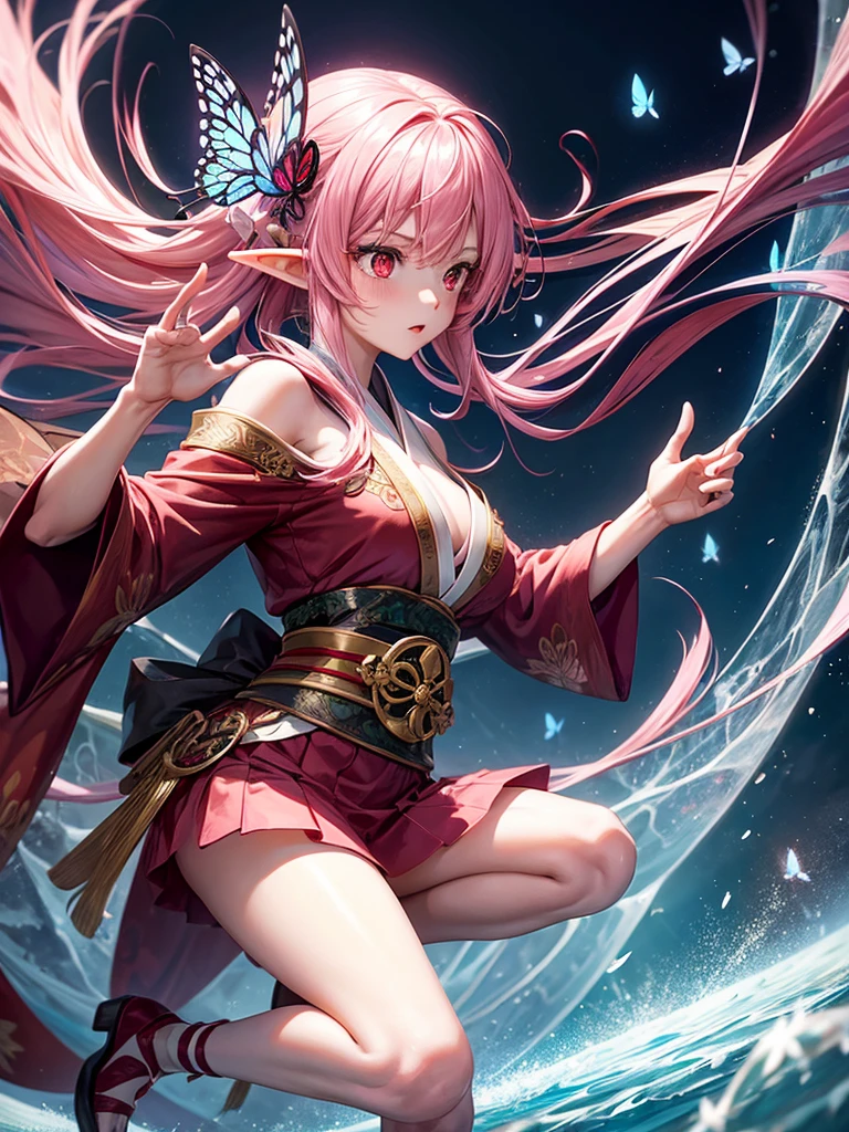 a girl,long pink hair,red eyes,Elf,kimono,Short skirt,Butterfly wings,Sexy,magic circle,combat moves,Ice Magic,ice cube,Rendering,best picture