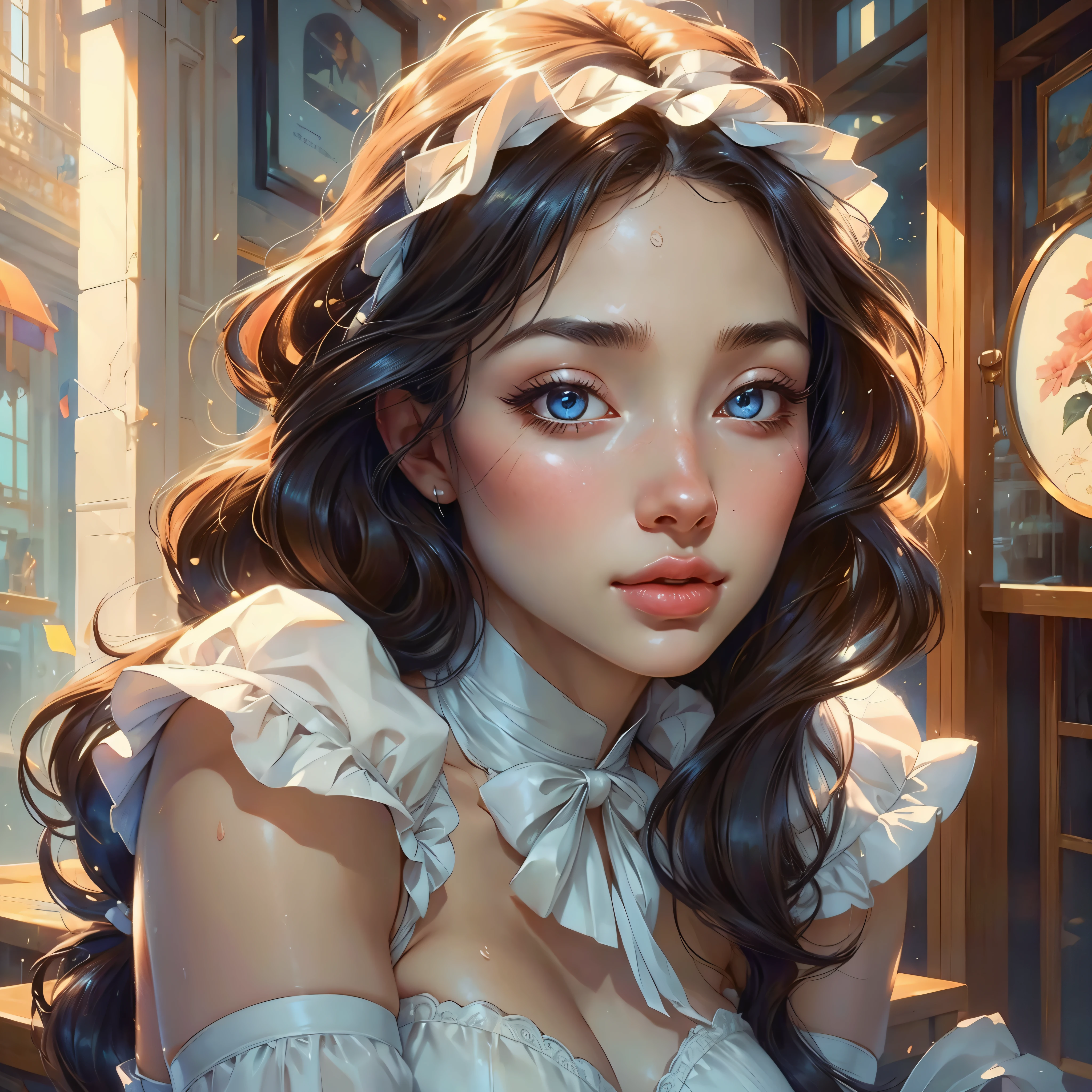 Beautiful girl in a semi-transparent maid outfit、Very beautiful girl、Classy maid、Delicate facial features、gorgeous eyes、Long eyelashes、Small Nose、Thick lips、White skin、long flowing hair、Graceful pose、Cinematic lighting、Soft pastel colors、Graceful and calm、(highest quality、4k、8k、High resolution、masterpiece:1.2)、Super detailed、(Real、Photorealistic、Photorealistic:1.37)