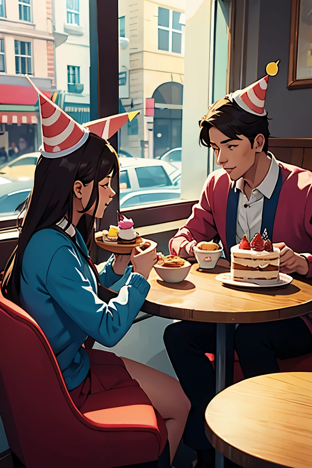 couple on a date at a cafe eating cake and wearing birthday party hats