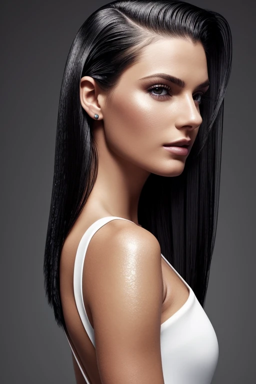 Gorgeous european woman with medium shoulder length hair, wet hair, hair slicked back, combed straight back, slick hair, black gradient hair, wearing a white dress, solid dark grey background