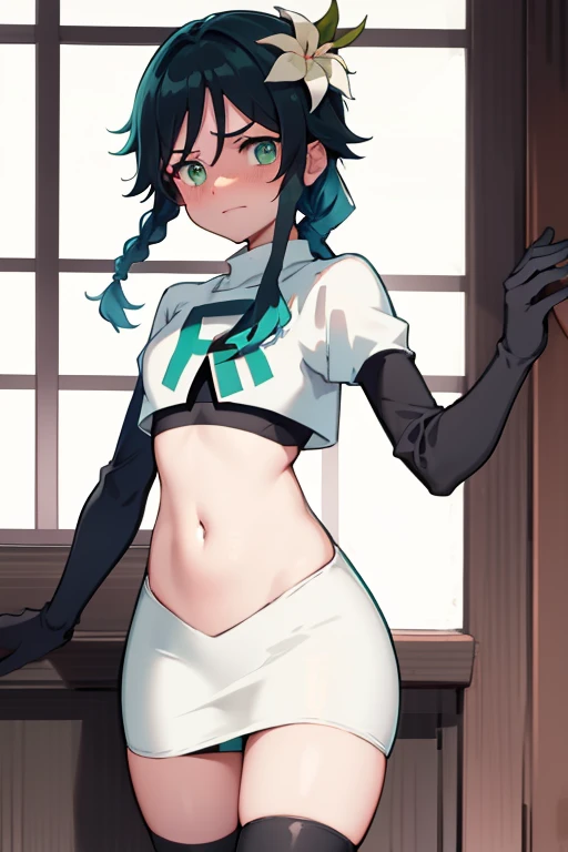 absurdres,venti,1boy, male focus, trap,black hair, green-blue hair, hair braid,hair flower,aqua green eyes,crossdressing,1boy,team rocket,team rocket uniform,white skirt,red letter R,crop top,black thigh-highs,black elbow gloves, cowboy shot,embarrassed, blush