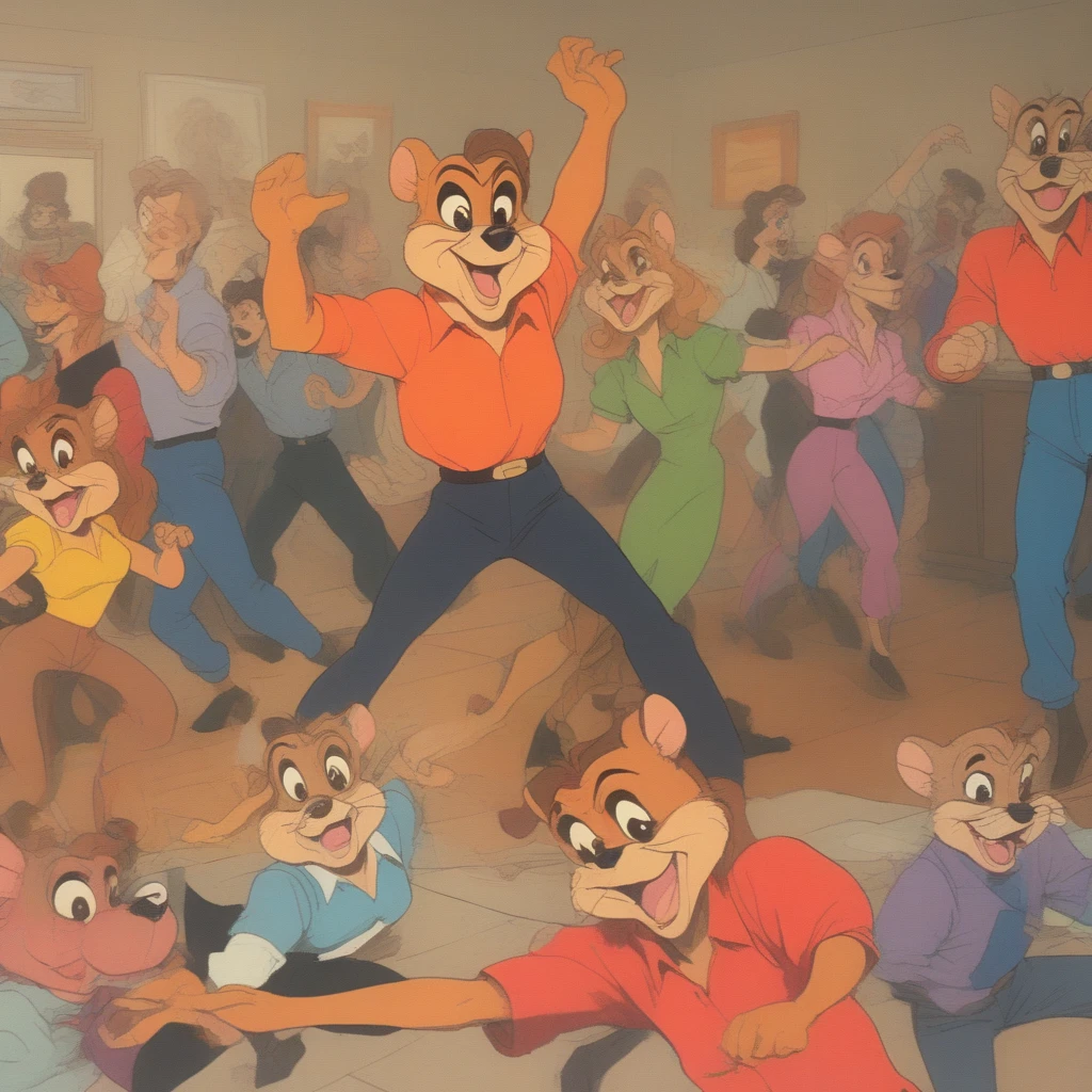 VHS, glitch, distorted, nostalgia, 90's retro vibes, analog tape, vcr aesthetics, tv, television, (Talespin 1990's cartoon homage), comic 1990's, animated tv show screengrab, Talespin cast dancing stanky boogie, cinematic poster, image within image, multiple exposure, massive scale, rich color grading for shading depth, hand drawn rotoscope cartoon realism, chiaroscuro lighting, mixed media, vintage comic, retro original design, 1990's comic, sense of movement energy, taking flight, tropical rot, rewilding, (full roygbiv color) ink charcoal expressive illustration, Talespin aesthetics
