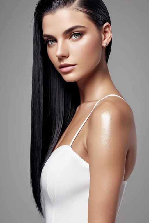 Gorgeous european woman with medium shoulder length hair, wet hair, hair slicked back, combed straight back, slick hair, black gradient hair, wearing a white dress, solid dark grey background