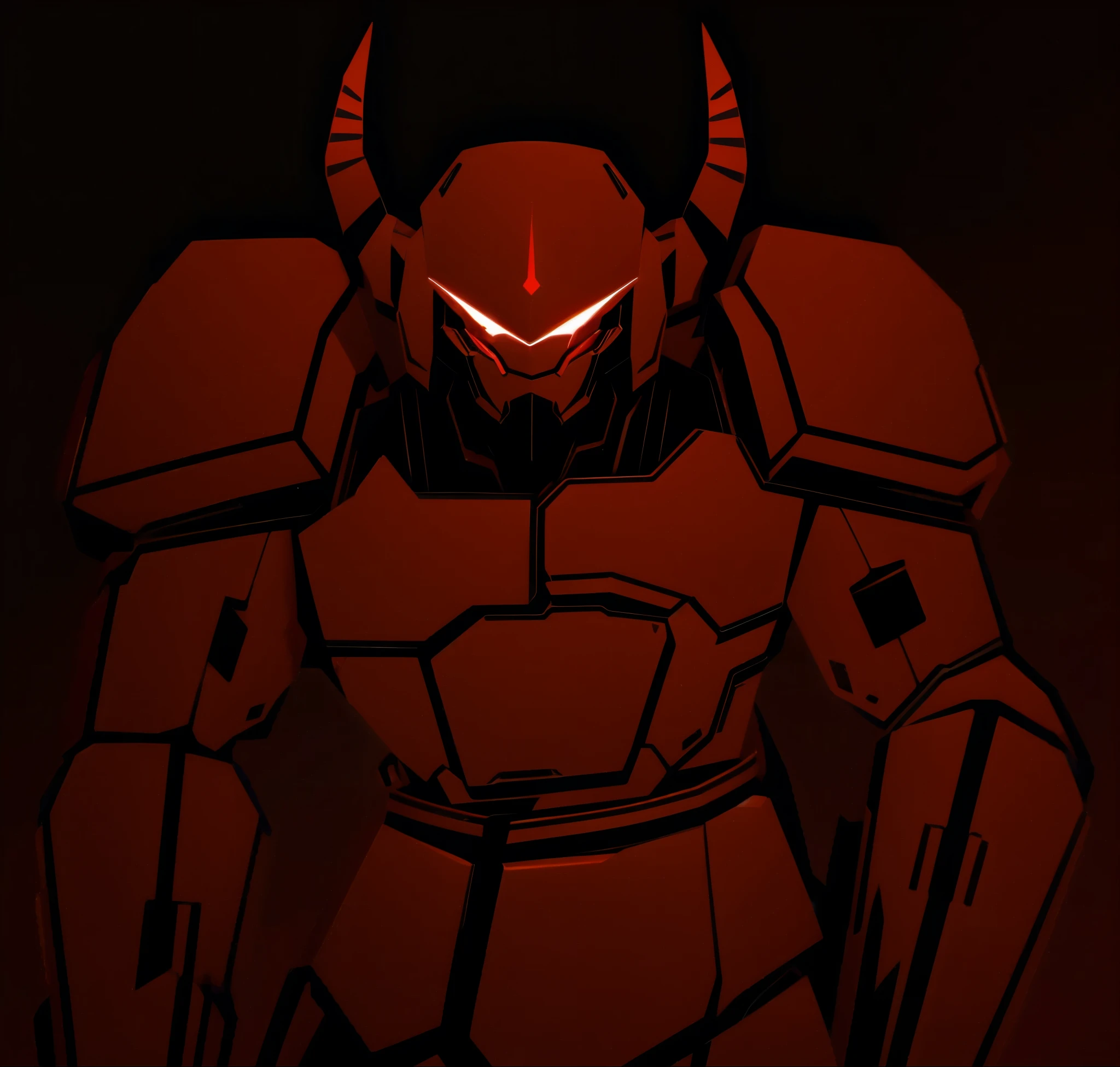 Robot, red mono eye, red body, high quality, golden horns on head, heavily armored,Robot, red mono eye, red body, high quality, golden horns on head, heavily armored, reddish-black shoulders, arm armor is an austere shade, sunset background,