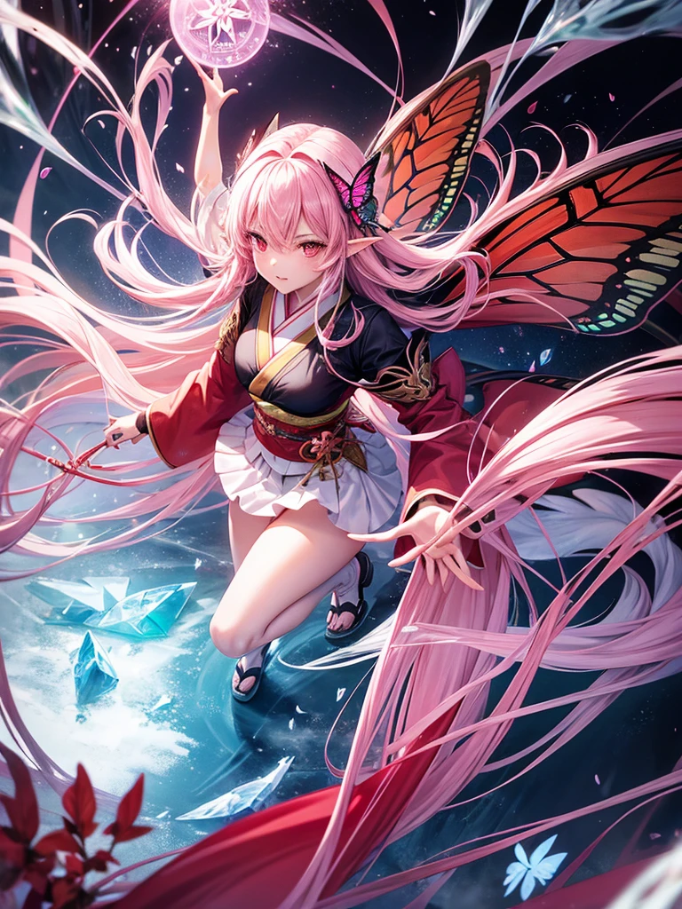 a girl，long pink hair，red eyes，Elf，kimono，Short skirt，Butterfly wings，Sexy，magic circle，combat moves，Ice Magic，ice cube，Rendering，best picture