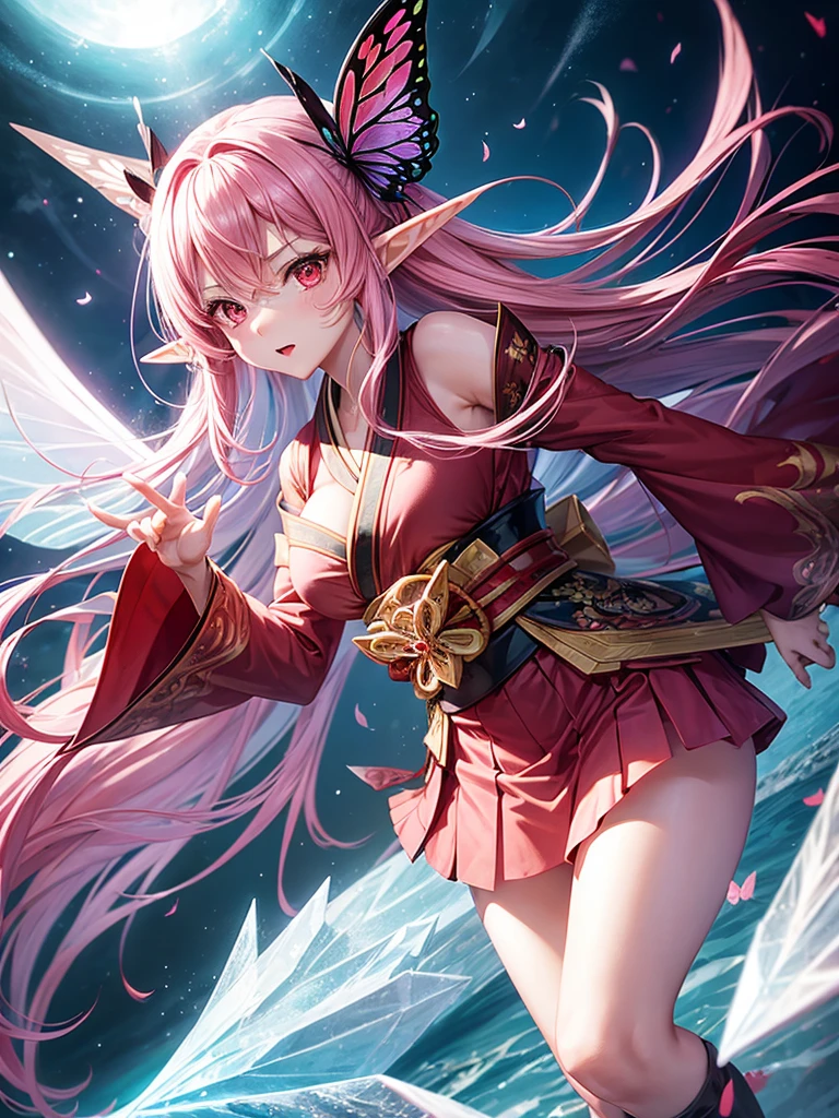 a girl，long pink hair，red eyes，Elf，kimono，Short skirt，Butterfly wings，Sexy，magic circle，combat moves，Ice Magic，ice cube，Rendering，best picture