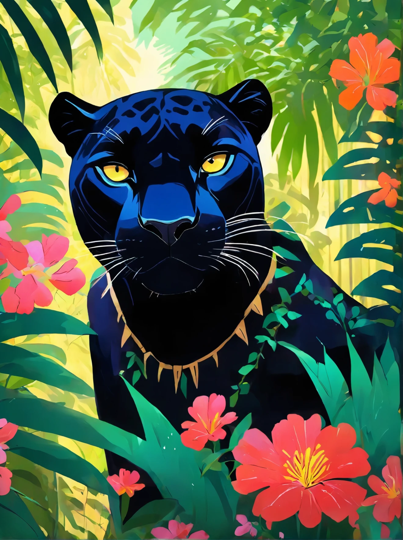 a painting of a black panther in the jungle surrounded by flowers, jen bartel, panther, the smooth black jaguar, the smooth black lioness, detailed beautiful animals, artistic 4 k, 8k high quality detailed art, extremely high quality artwork, by Dahlov Ipcar, black panther, detailed painting 4 k, animal painting, stunning art style, by Wylie Beckert