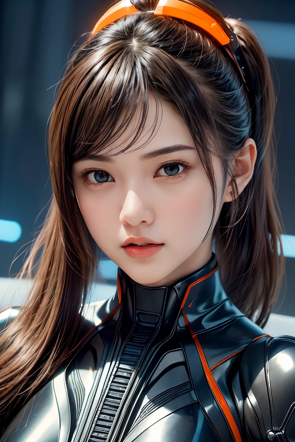 Top Quality, Masterpiece, Ultra High Resolution, (Photorealistic: 1.4), Raw Photo, 1 Girl, Black Hair, Glossy Skin, 1 Mechanical Girl, (((Ultra Realistic Details)), (realistic face: 1.2), realistic skin, Global Illumination, Shadows, Octane Rendering, 8K, Ultra Sharp, Intricate Ornaments Details, wearing Futuristic Headphone, Futuristic headgear, very intricate detail, realistic light, CGStation trend, brown eyes, glowing eyes, matte black and glossy orange bodysuit, orange lining on suit, Long hair, Ponytail hair, half body shot, spaceship bridge background, dynamic pose,