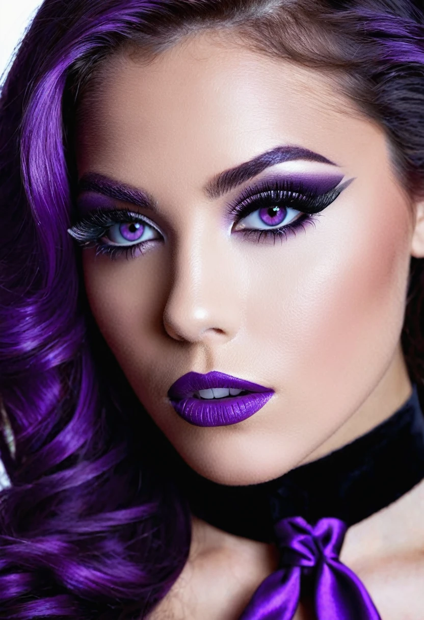 Sublime Sandra 25 years old very sexy, Detailed lips, detailed eyes, detailed eyelash, detailed face, sublime and detailed body, long cheveux violet, visage de séduction, ((violet make-up)), photo du milieu du corps, ((porter un costume)),(( Une cravate violette, photo noir et blanc et violet, only black and white and purple photo)), (((photo noir et blanc et violet : 2.0, only black and white and purple photo :2.0, purple only on iris and make-up and hair, b/w, b&w)))