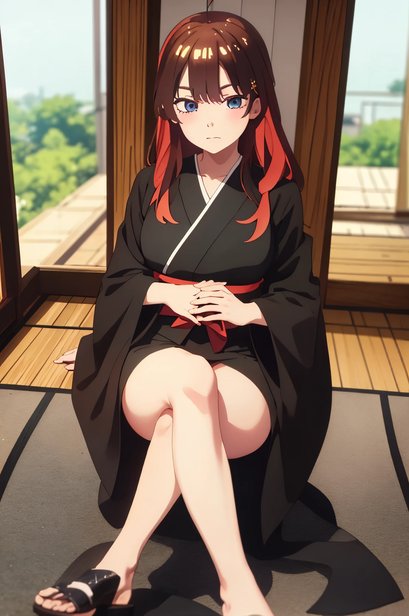 (Masterpiece, Best Quality:1.2), solo, 1girl, Itsuki ,unamused, closed mouth, looking a viewer, hand on our face, sitting, Short black kimono ,big thighs,crossed legs