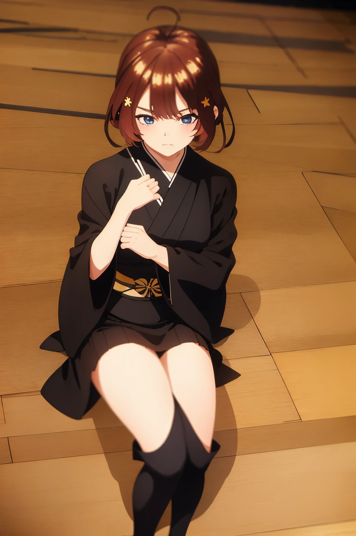 (Masterpiece, Best Quality:1.2), solo, 1girl, Itsuki ,unamused, closed mouth, looking a viewer, hand on our face, sitting, Short black kimono ,big thighs,crossed legs