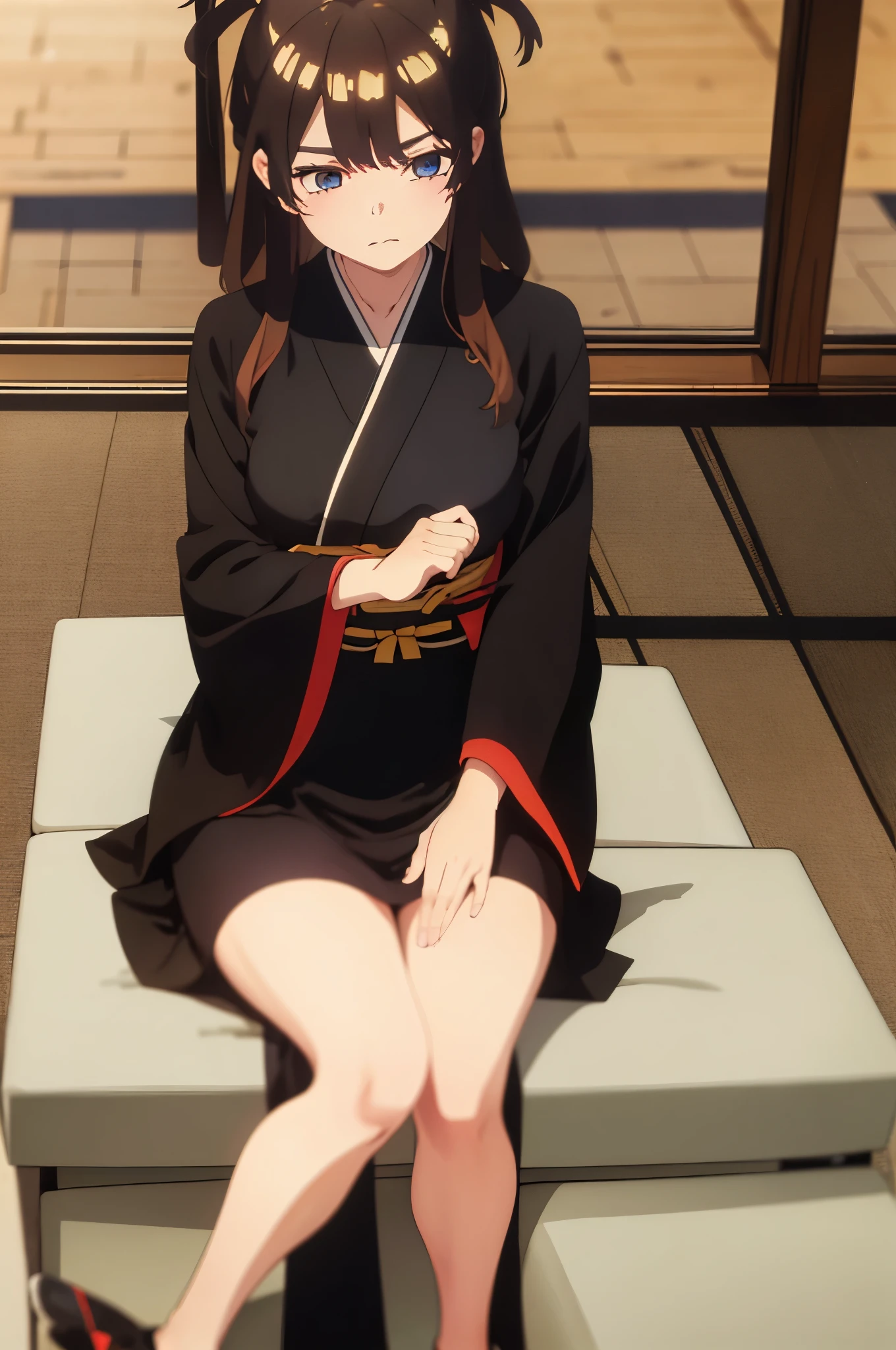 (Masterpiece, Best Quality:1.2), solo, 1girl, Itsuki ,unamused, closed mouth, looking a viewer, hand on our face, sitting, Short black kimono ,big thighs,crossed legs