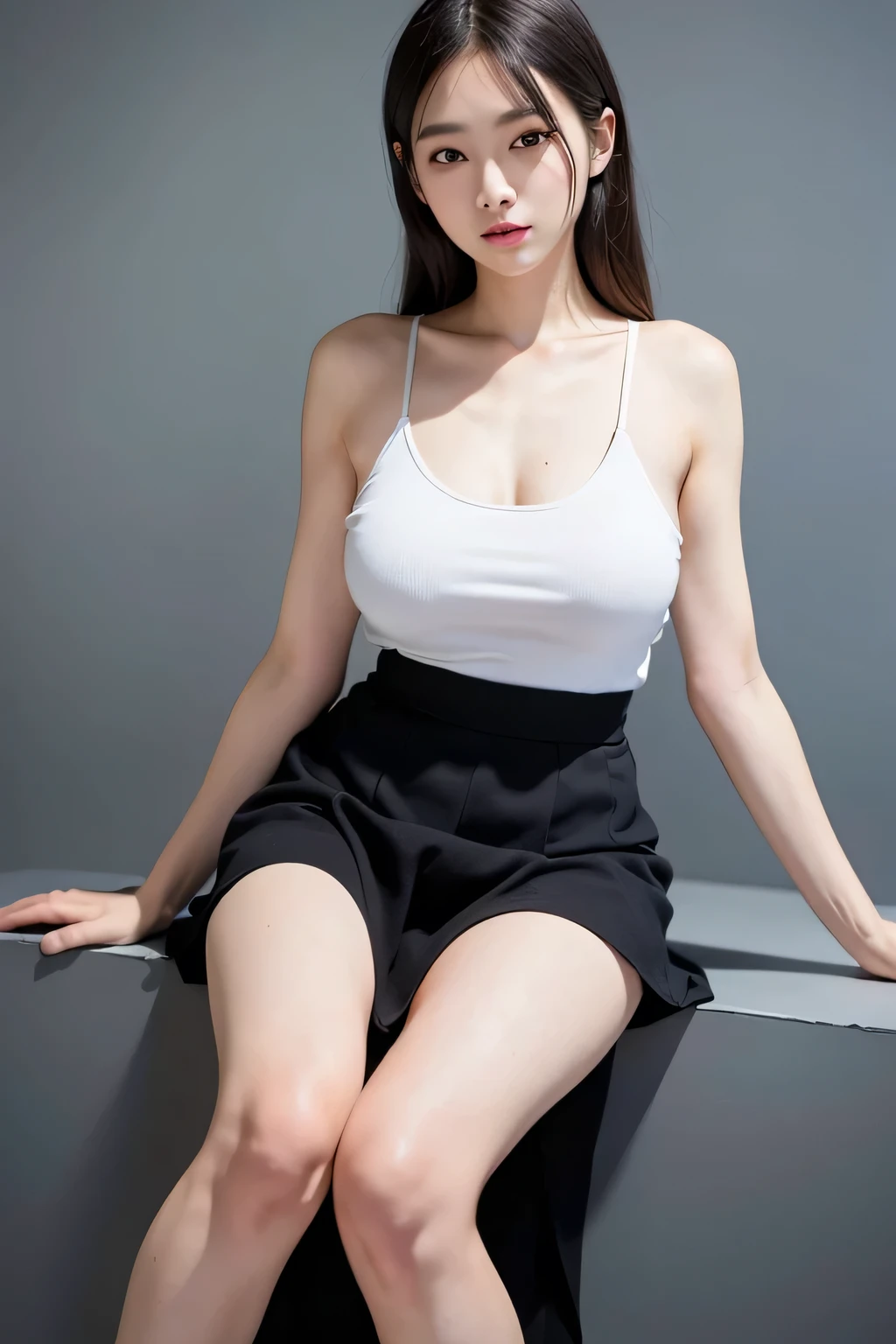 top-quality, masterpiece, 超A high resolution, 8K, Unripe, (photographrealistic:1.4), depth of fields, (detailedbackground:1.5), White wall background, A slender, stretch, 1 girl in, cute little, 16 year old, a smile, large black eyes, tooth, tiny chest, Detailed clothing, Lilac color, Ruffled dresses, Knee-length skirt, beautiful legs、Futomo, (Large Breasts:1.4), (Slim Body:1.5),(Long slender legs:1.5),