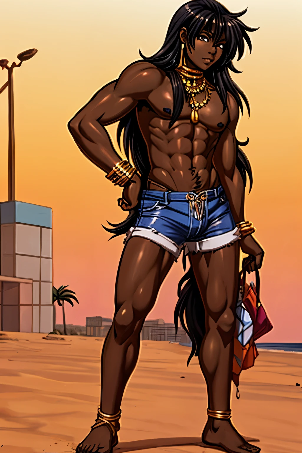 Toned African femboy, male, human, with dark skin, strong but femenine, lean composition, very long black messy untamed hair, shorts, topless, barefoot, slutty clothing, 1980s, Eighties, anime, hooker, jewellery, adult, Miami