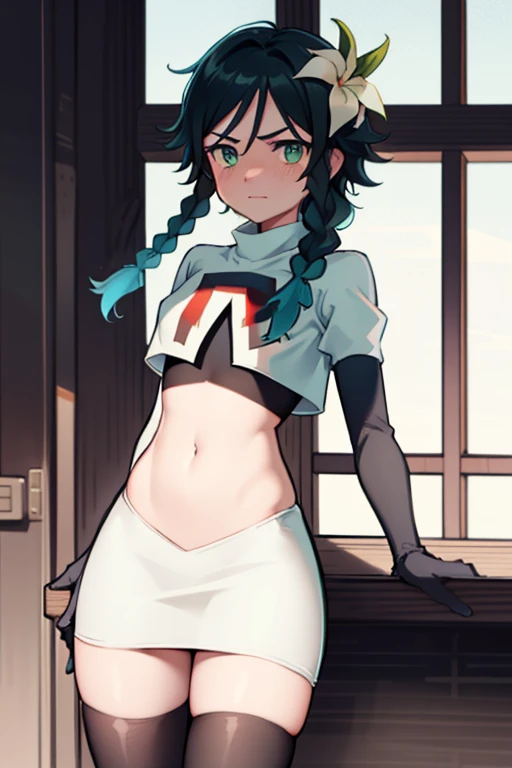 absurdres,venti,1boy, male focus, trap,black hair, green-blue hair, hair braid,hair flower,aqua green eyes,crossdressing,1boy,team rocket,team rocket uniform,white skirt,red letter R,crop top,black thigh-highs,black elbow gloves, cowboy shot,embarrassed, blush