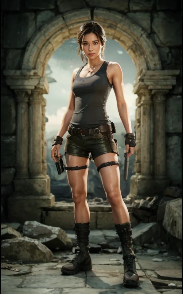 Lara Croft, brown eyes, (best quality, ultra-detailed), (realistic:1.37), beautiful and detailed face, ultra-realistic texture, delicate face, delicate body, red lipstick, bright colors. High definition, 8K