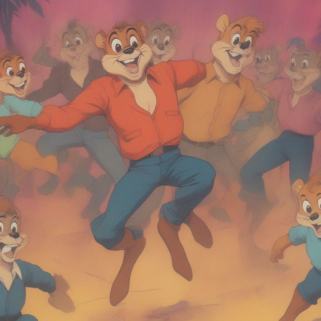 VHS, glitch, distorted, nostalgia, 90's retro vibes, analog tape, vcr aesthetics, tv, television, (Talespin 1990's cartoon homage), comic 1990's, animated tv show screengrab, Talespin cast dancing stanky boogie, cinematic poster, image within image, multiple exposure, massive scale, rich color grading for shading depth, hand drawn rotoscope cartoon realism, chiaroscuro lighting, mixed media, vintage comic, retro original design, 1990's comic, sense of movement energy, taking flight, tropical rot, rewilding, (full roygbiv color) ink charcoal expressive illustration, Talespin aesthetics
